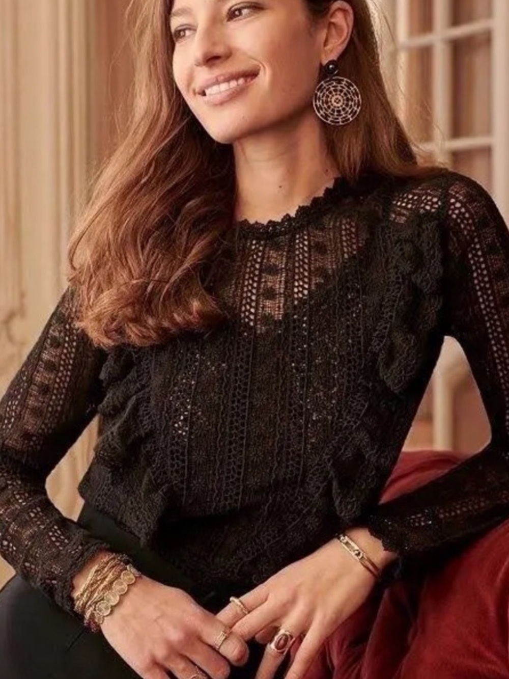 Madeline Black Crochet Lace Long-Sleeve Top